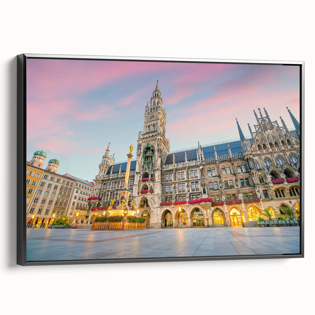 Framed canvas of a black and white vintage poster featuring the Munich skyline, suitable for bedroom decor.