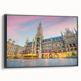 Framed canvas of a black and white vintage poster featuring the Munich skyline, suitable for bedroom decor.