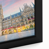 Extra large framed canvas featuring a textured depiction of Munich with a black background and colorful details.