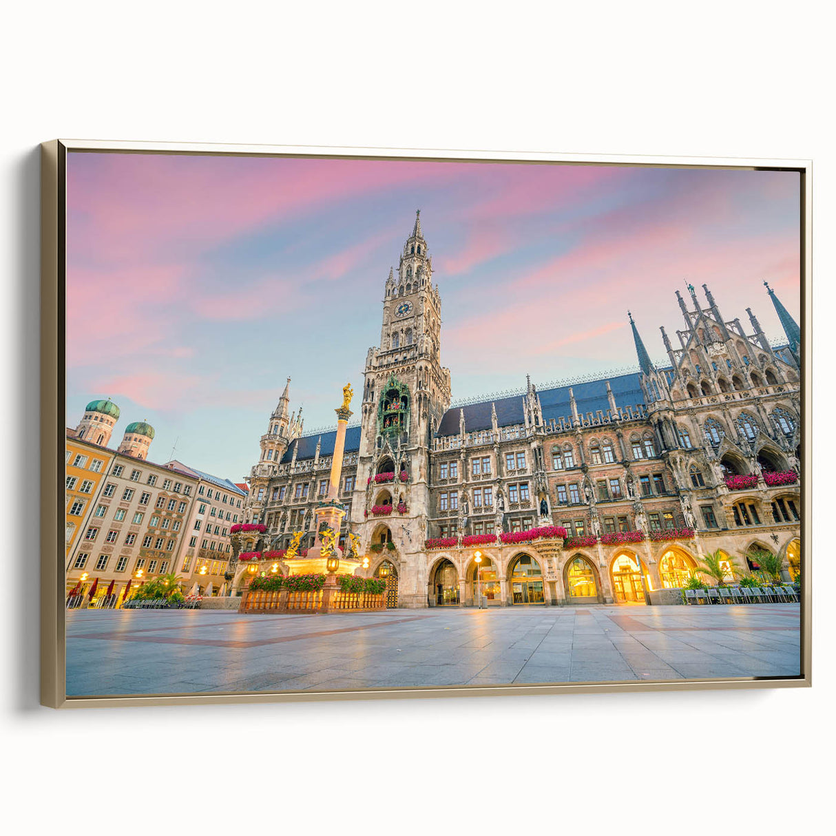 Framed canvas of a vintage Munich landscape in muted gold and black, ideal for bedroom wall art.