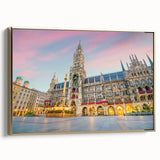 Framed canvas of a vintage Munich landscape in muted gold and black, ideal for bedroom wall art.
