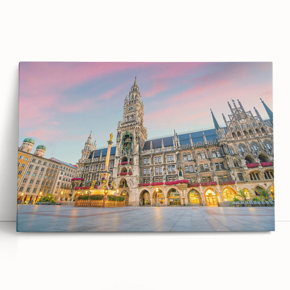 Black and white photo of Munich skyline on large stretched canvas, suitable for kitchen wall art.
