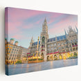 Large art print featuring a detailed Munich cityscape in muted earth tones on stretched canvas.