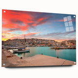 Acrylic print of Athens skyline with muted earth tones, ideal for dining room decor.