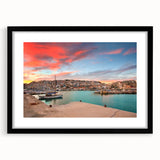 Textured abstract art print of Athens scenery in muted earth tones, framed in black, suitable for bedroom art.