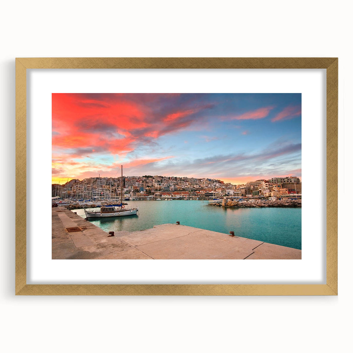 Abstract art print of Athens scenery in muted gold and blue, framed with a gold mat, suitable for dining room decor.