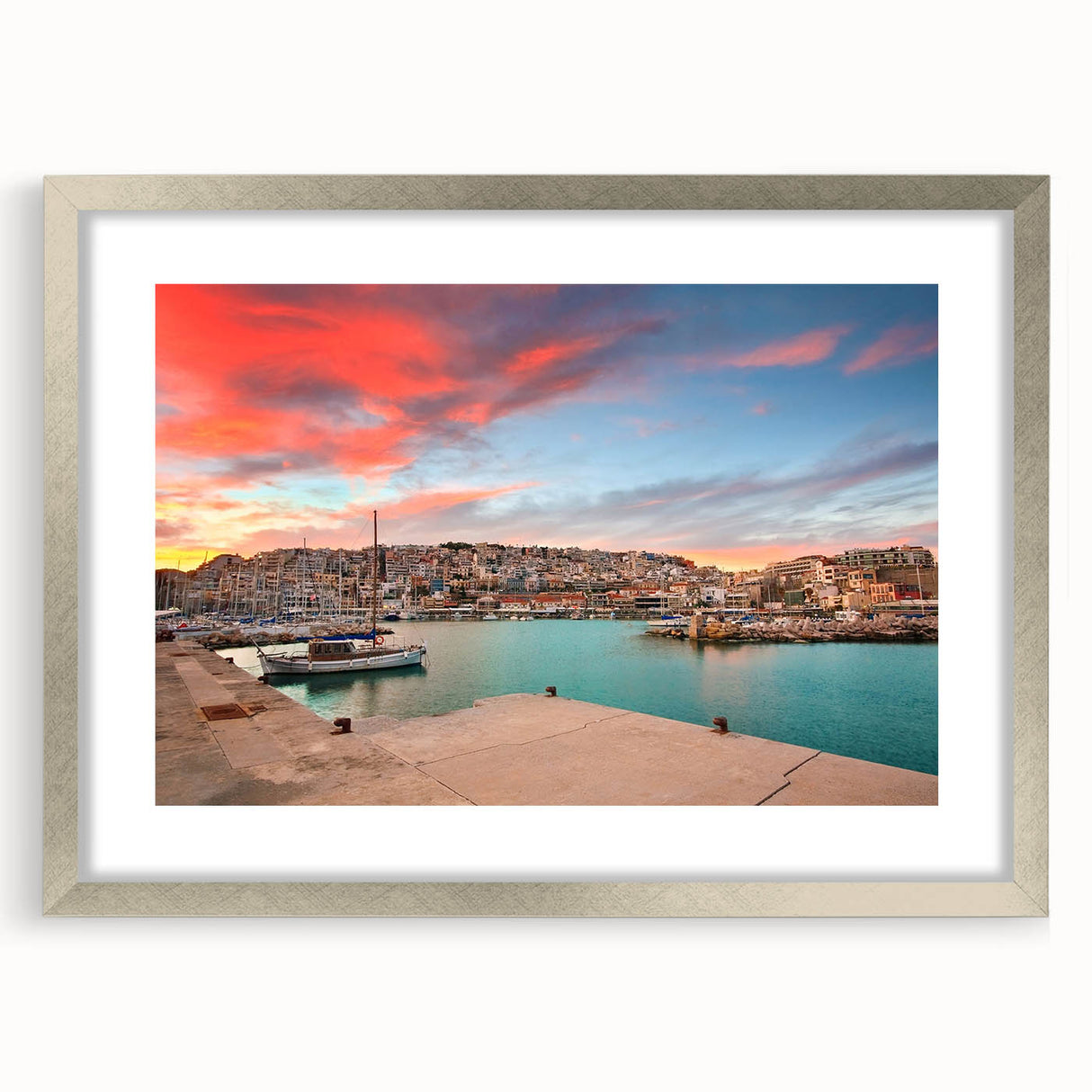 Extra large colorful abstract art print of Athens scenery on textured canvas, framed in silver, ideal for living room decor.