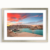 Extra large colorful abstract art print of Athens scenery on textured canvas, framed in silver, ideal for living room decor.