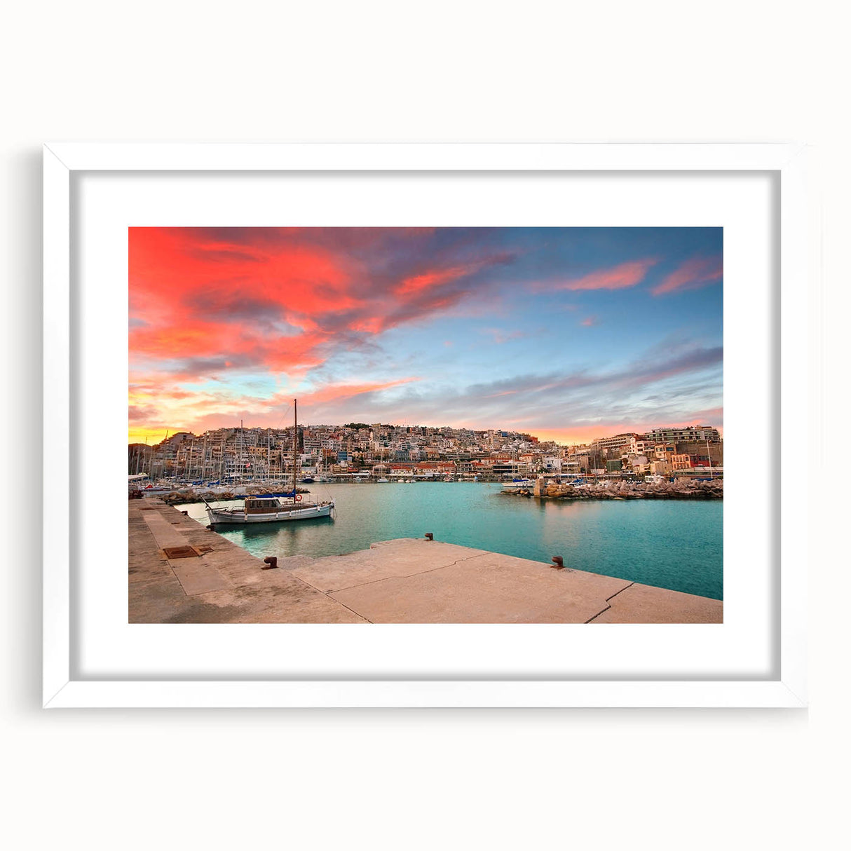 Extra large textured abstract art print depicting Athens scenery in muted earth tones, framed in white.
