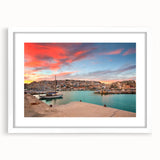 Extra large textured abstract art print depicting Athens scenery in muted earth tones, framed in white.