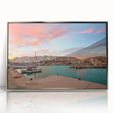 Acrylic print of Athens scenery with muted earth tones in a silver frame, suitable for modern art wall decor.