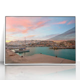 Mid-century modernist art depicting the Athens skyline in muted earth tones on a framed acrylic.