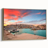 Framed canvas landscape painting of Athens with vintage poster art style in black and gold tones, ideal for bedroom decor.