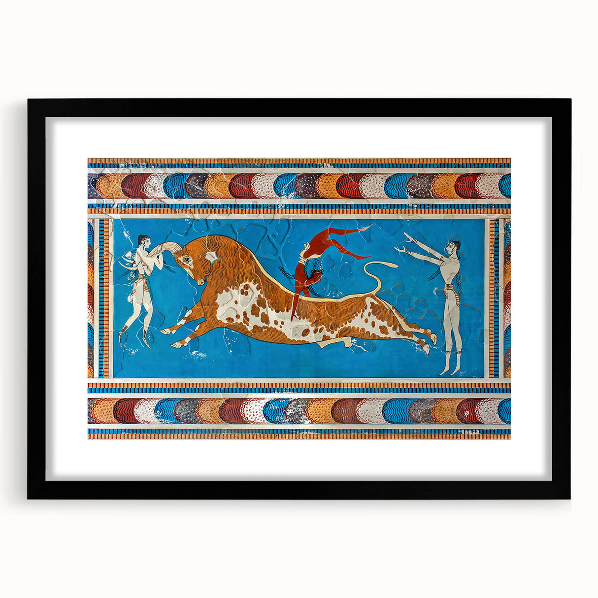 Colorful abstract art print of a European scenery, in a black frame with mat, ideal for living room decor.