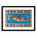 Colorful abstract art print of a European scenery, in a black frame with mat, ideal for living room decor.