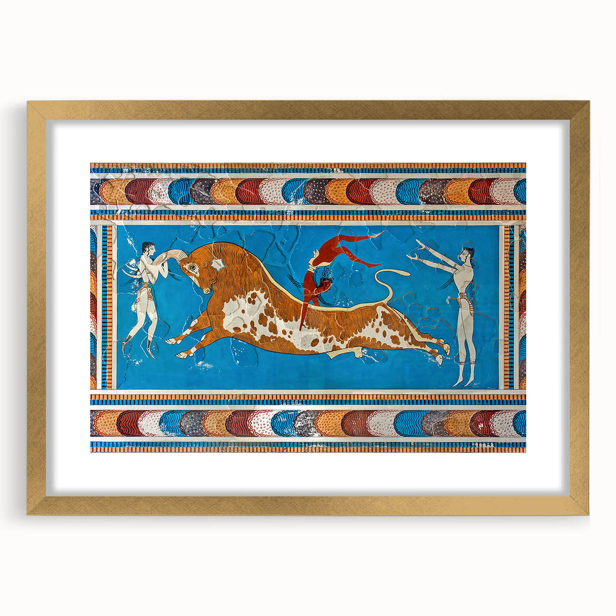 Abstract art print of Crete, Greece, in muted earth tones on a framed canvas, suitable for dining room decor.