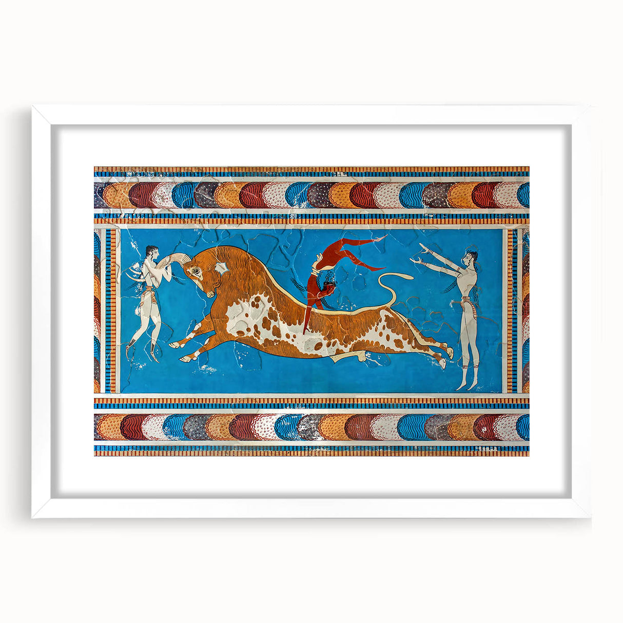 Textured art depicting an abstract landscape of Crete, Greece in muted earth tones on a framed white mat.