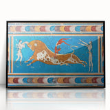 Large abstract wall art depicting the Crete, Greece coastline in muted earth tones on a framed acrylic.