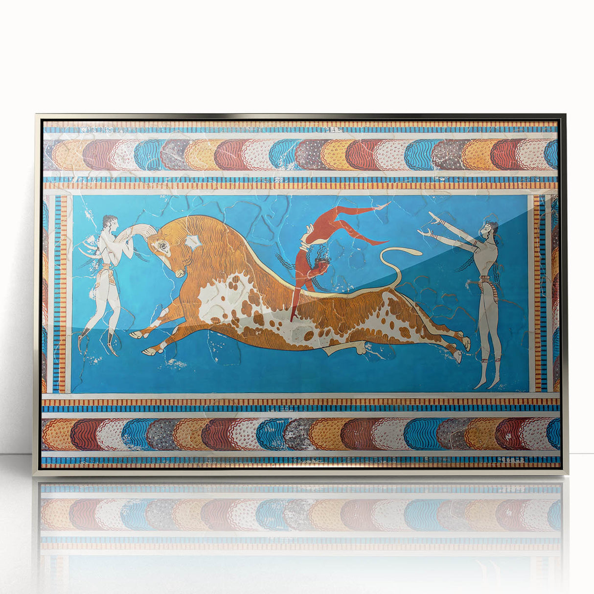 Large art print of a Crete, Greece landscape in muted earth tones on a silver-framed acrylic.