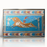 Large art print of a Crete, Greece landscape in muted earth tones on a silver-framed acrylic.