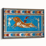 Black and white framed canvas of a vintage-style landscape painting depicting Crete, Greece, suitable for bedroom decor.