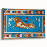 Framed canvas featuring a vintage-style landscape painting of Crete, Greece, with vibrant blue and white tones.