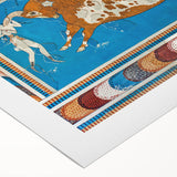 Art Deco poster of Crete, Greece scenery in muted blue and white tones on rolled canvas, suitable for dining room decor.