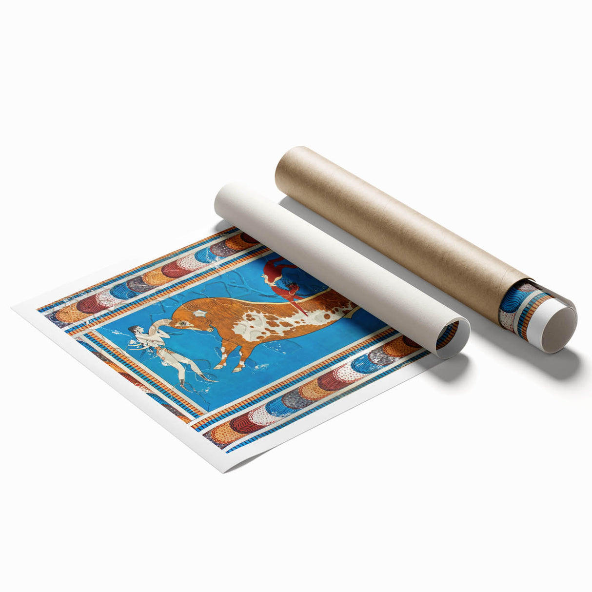Extra large rolled print of Crete, Greece scenery with floral elements in soft blue and white tones.