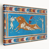 Large art print of a Crete, Greece landscape on stretched canvas, featuring vivid blue and white tones.