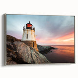 Landscape art painting of Rhodes, Greece with vibrant blue and white tones, displayed on a silver-framed canvas.