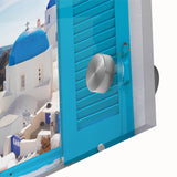 Acrylic print of a large abstract depiction of Santorini with vibrant blue and white tones, suitable for dining room art.