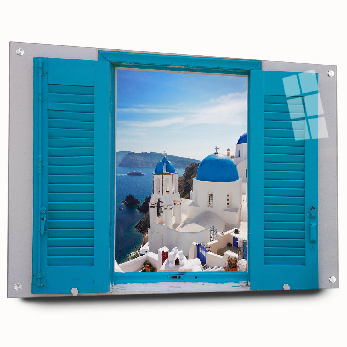 Acrylic print of Santorini landscape in vibrant blue and white, ideal for bedroom or dining room decor.