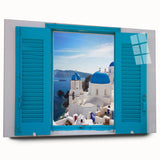 Acrylic print of Santorini scenery with vibrant blue and white tones, ideal for bedroom or dining room art.