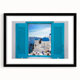 Extra large textured art print of a colorful Santorini landscape on canvas, ideal for living room decor.