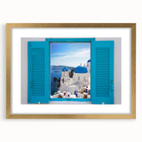 Abstract art print of Santorini with blue and white tones on a framed gold mat, suitable for bedroom or dining room decor.