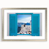 Extra large wall art of Santorini, Greece, in abstract style with textured finish on framed silver canvas.