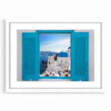 Textured art print of Santorini with abstract blue and white tones on a framed white mat, suitable for bedroom decor.