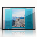 Large abstract wall art of Santorini with blue and white tones, framed in black acrylic, ideal for modern living room decor.