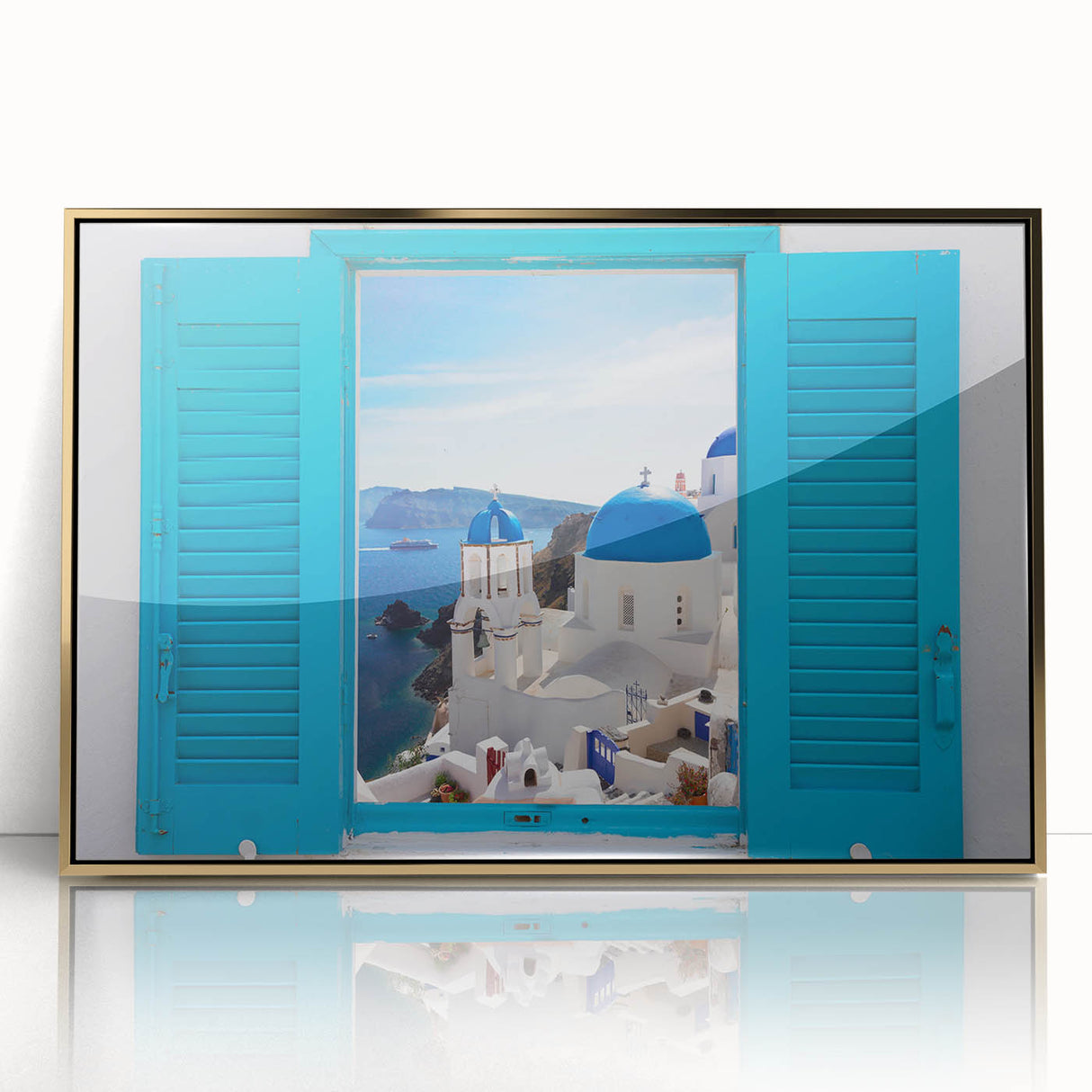 Acrylic print of Santorini scenery in gold frame, with vivid blue and white tones, suitable for modern art wall decor.