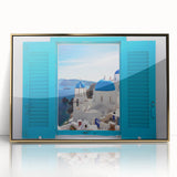 Acrylic print of Santorini scenery in gold frame, with vivid blue and white tones, suitable for modern art wall decor.