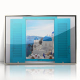 Framed acrylic print of Santorini with blue and white buildings, ideal for modern art wall decor.