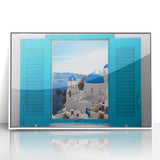 Mid-century modernist art of Santorini landscape in acrylic, white frame, ideal for nursery wall art.