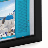 Black framed canvas depicting a textured, colorful Santorini landscape, ideal for large living room decor.
