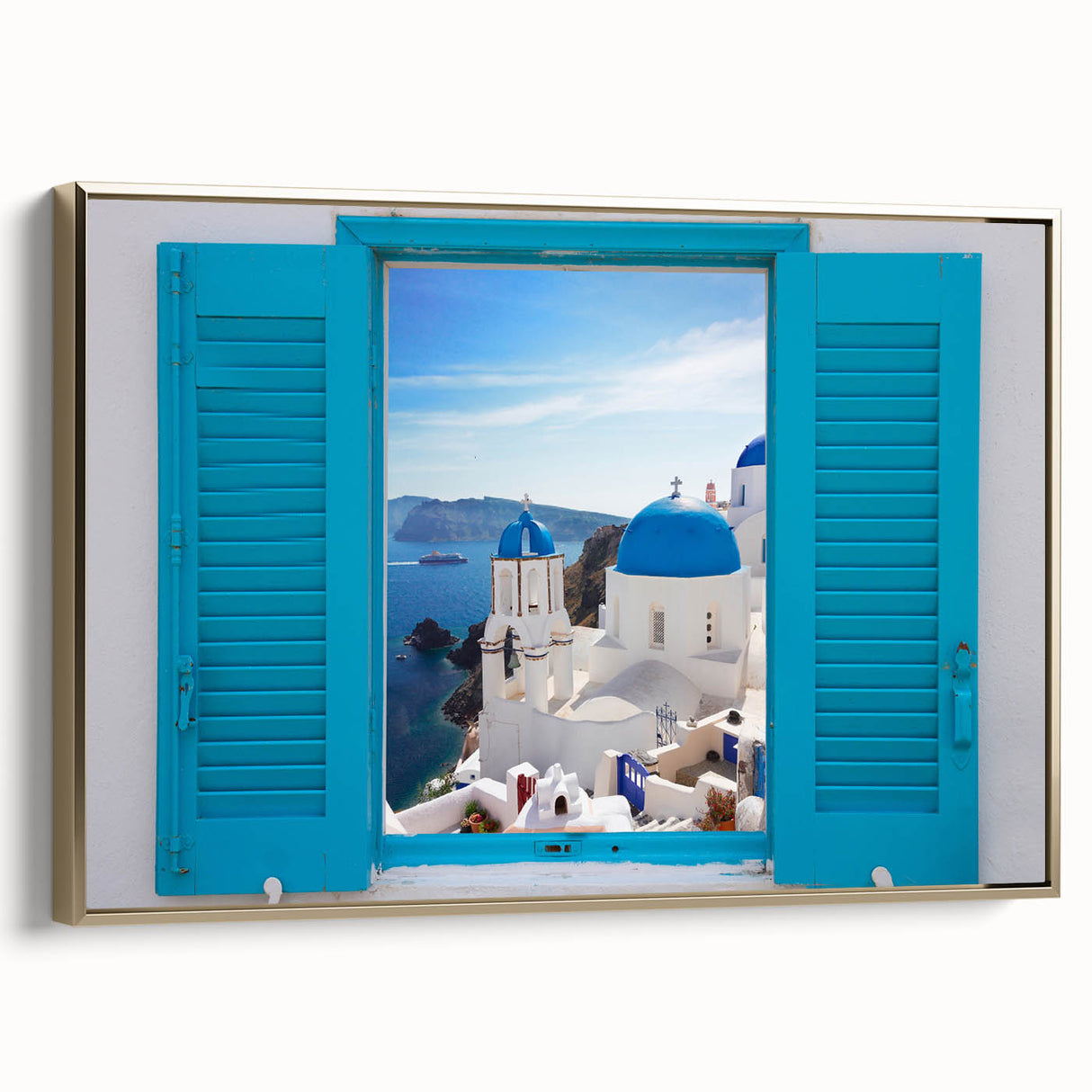 Framed canvas depicting a vintage-style landscape of Santorini with muted blue and white tones, ideal for bedroom wall art.