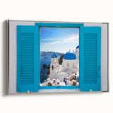 Framed canvas of a vintage-style Santorini landscape with vibrant blue and white tones, ideal for living room decor.