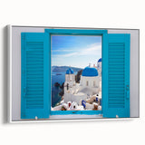 Vintage poster art of Santorini, featuring vibrant blue and white tones on a framed canvas, ideal for living room decor.