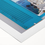 Art deco poster of Santorini with blue and white tones on rolled canvas, suitable for dining room wall art.