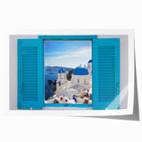 Rolled print of Santorini scenery in vibrant blue and white, ideal for art wall dining room.