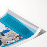 Extra large rolled print of Santorini scenery in pastel shades, ideal for large living room wall art.