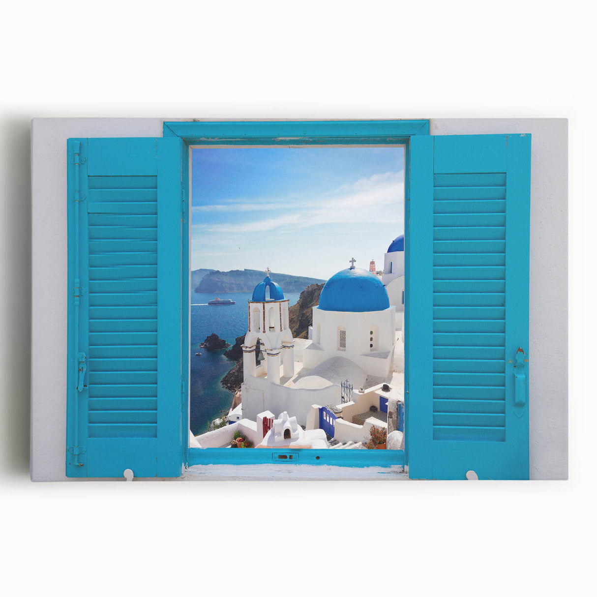Black and white landscape art painting of Santorini on stretched canvas, ideal for bedroom wall decor.